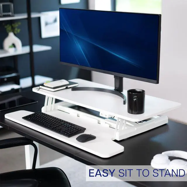 Alt view image 5 of 7 - White 36 inch Electric Desk Converter, DESK-VE36W | Height Adjustable, Stand Up Desk Riser, Wide Keyboard Tray, Dual Monitor and Laptop Workstation