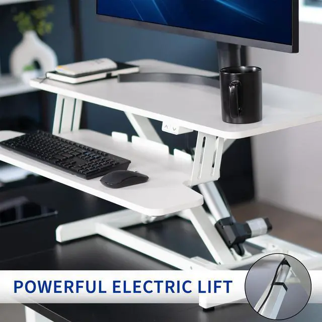 Alt view image 6 of 7 - White 36 inch Electric Desk Converter, DESK-VE36W | Height Adjustable, Stand Up Desk Riser, Wide Keyboard Tray, Dual Monitor and Laptop Workstation