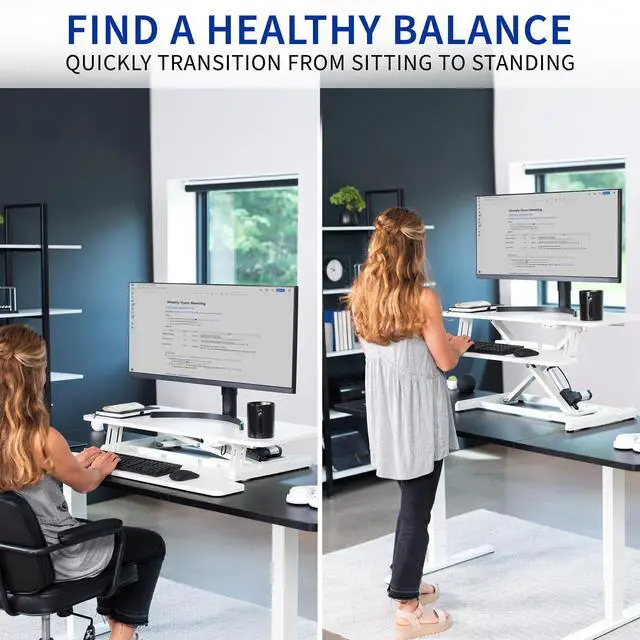 Alt view image 7 of 7 - White 36 inch Electric Desk Converter, DESK-VE36W | Height Adjustable, Stand Up Desk Riser, Wide Keyboard Tray, Dual Monitor and Laptop Workstation