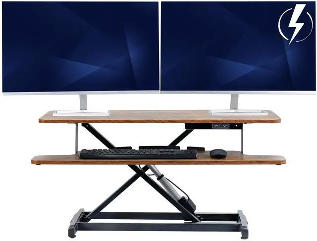 Main image of Vintage Brown 36 inch Electric Desk Converter, DESK-VE36N | Height Adjustable, Stand Up Desk Riser, Wide Keyboard Tray, Rustic, Dual Monitor and Laptop Workstation