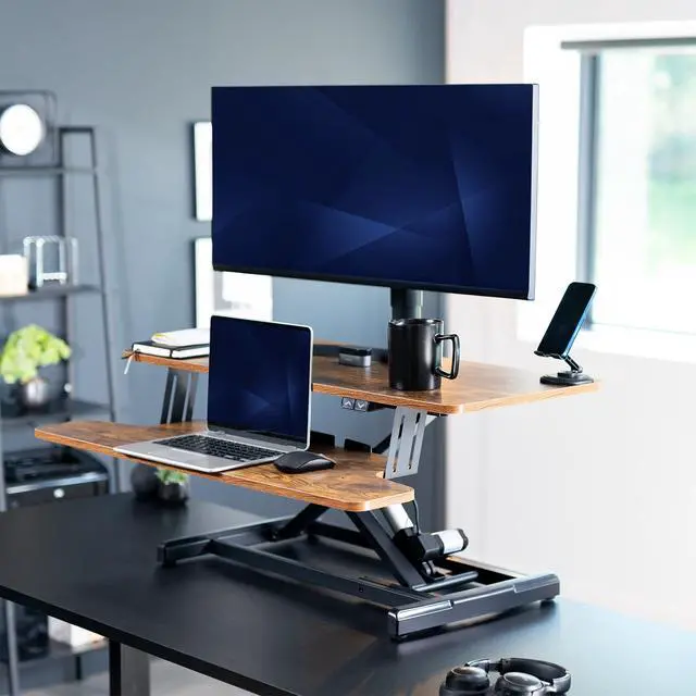 Alt view image 2 of 7 - Vintage Brown 36 inch Electric Desk Converter, DESK-VE36N | Height Adjustable, Stand Up Desk Riser, Wide Keyboard Tray, Rustic, Dual Monitor and Laptop Workstation