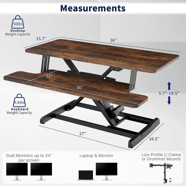 Alt view image 3 of 7 - Vintage Brown 36 inch Electric Desk Converter, DESK-VE36N | Height Adjustable, Stand Up Desk Riser, Wide Keyboard Tray, Rustic, Dual Monitor and Laptop Workstation