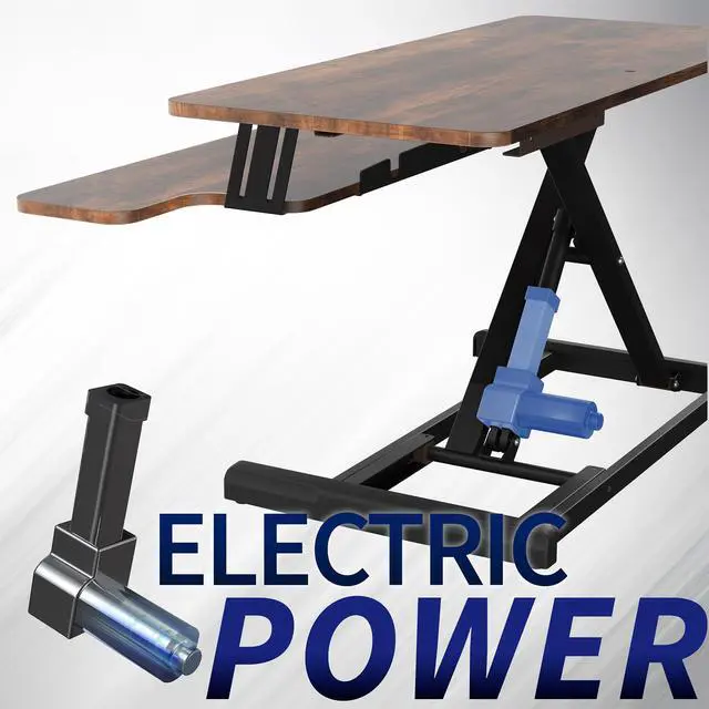 Alt view image 4 of 7 - Vintage Brown 36 inch Electric Desk Converter, DESK-VE36N | Height Adjustable, Stand Up Desk Riser, Wide Keyboard Tray, Rustic, Dual Monitor and Laptop Workstation