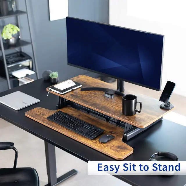 Alt view image 5 of 7 - Vintage Brown 36 inch Electric Desk Converter, DESK-VE36N | Height Adjustable, Stand Up Desk Riser, Wide Keyboard Tray, Rustic, Dual Monitor and Laptop Workstation