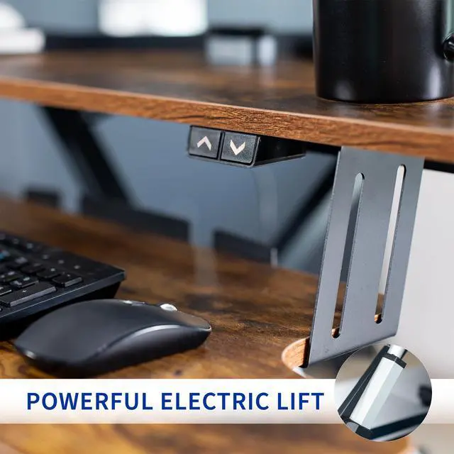 Alt view image 6 of 7 - Vintage Brown 36 inch Electric Desk Converter, DESK-VE36N | Height Adjustable, Stand Up Desk Riser, Wide Keyboard Tray, Rustic, Dual Monitor and Laptop Workstation