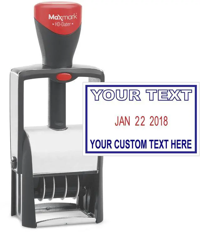 Main image of Heavy Duty Date Stamp with 2-Line Custom Text, Self Inking Stamp - 1" x 1-5/8 - 2-Color Blue/Red Ink