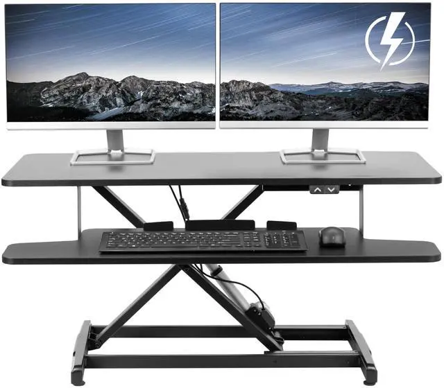 Main image of Black 36 inch Electric Desk Converter, DESK-VE36B | Height Adjustable, Stand Up Desk Riser, Wide Keyboard Tray, Dual Monitor and Laptop Workstation