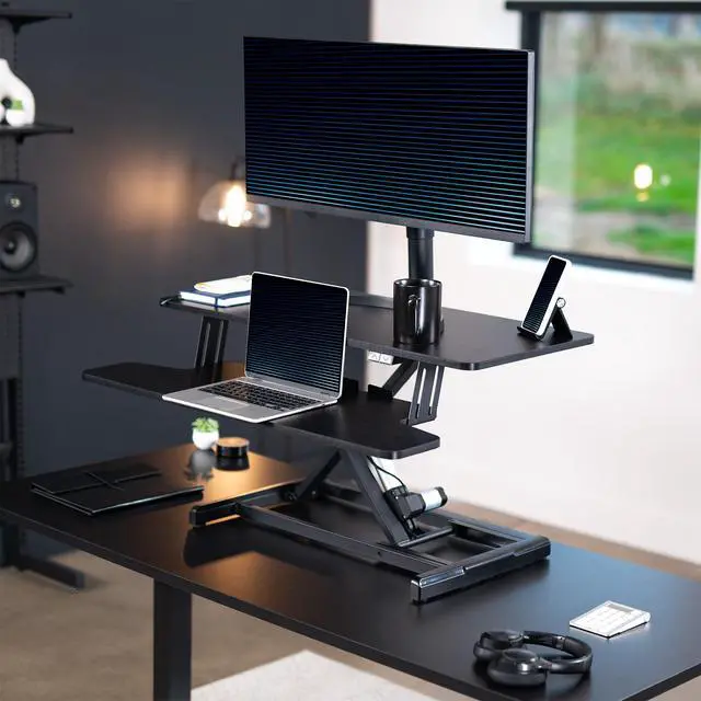 Alt view image 2 of 7 - Black 36 inch Electric Desk Converter, DESK-VE36B | Height Adjustable, Stand Up Desk Riser, Wide Keyboard Tray, Dual Monitor and Laptop Workstation