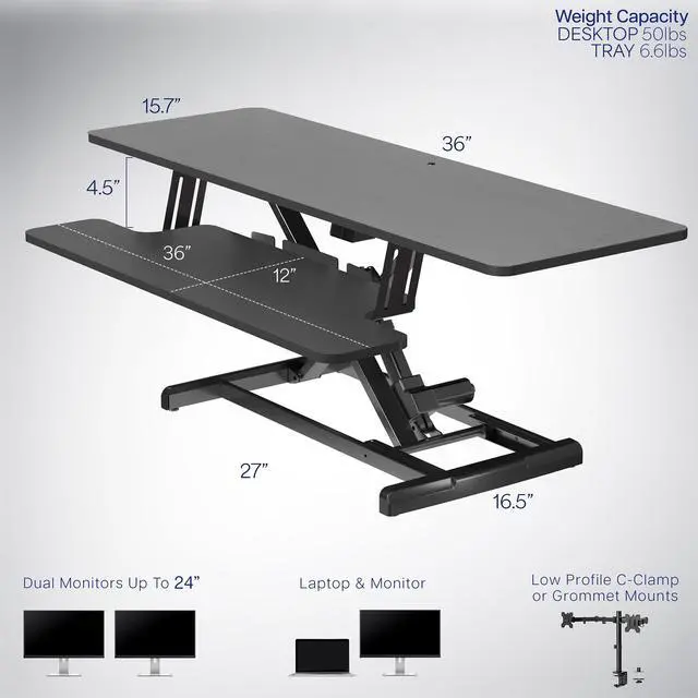 Alt view image 3 of 7 - Black 36 inch Electric Desk Converter, DESK-VE36B | Height Adjustable, Stand Up Desk Riser, Wide Keyboard Tray, Dual Monitor and Laptop Workstation