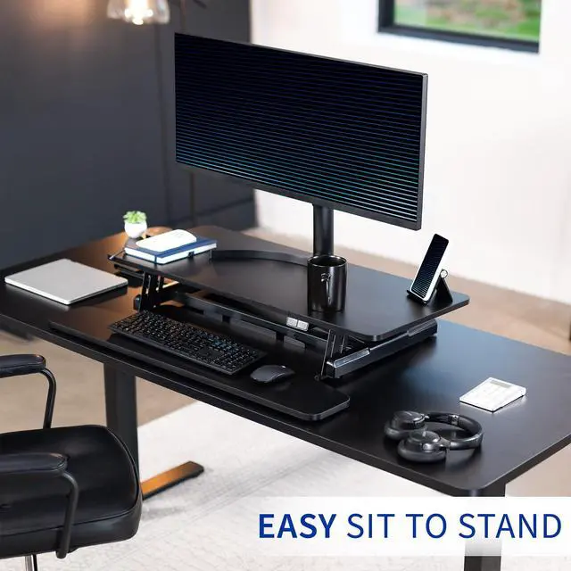 Alt view image 5 of 7 - Black 36 inch Electric Desk Converter, DESK-VE36B | Height Adjustable, Stand Up Desk Riser, Wide Keyboard Tray, Dual Monitor and Laptop Workstation