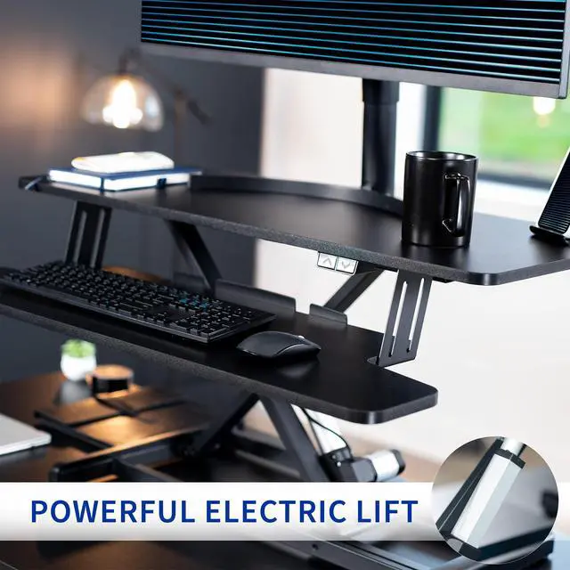 Alt view image 6 of 7 - Black 36 inch Electric Desk Converter, DESK-VE36B | Height Adjustable, Stand Up Desk Riser, Wide Keyboard Tray, Dual Monitor and Laptop Workstation