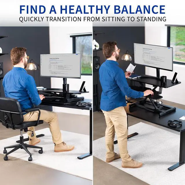 Alt view image 7 of 7 - Black 36 inch Electric Desk Converter, DESK-VE36B | Height Adjustable, Stand Up Desk Riser, Wide Keyboard Tray, Dual Monitor and Laptop Workstation