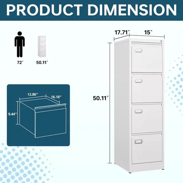 Alt view image 3 of 6 - 4 Drawer File Cabinet, White Vertical Filing Cabinets with Lock, Home Office File Folders Storage Cabinet for Letter Legal A4 File Size