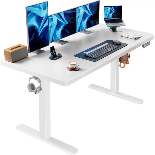 Main image of 60 x 30 Inch Large Electric Standing Desk, Brushless Motor, White | 30 Inch Deep Desktop, 220 lb Capacity, 4 Memory Presets, Cable Tray, Dual Hooks, Height 27.946.5 Inch; Ships In 2 Packages