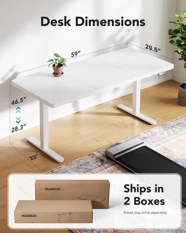 Alt view image 4 of 7 - 60 x 30 Inch Large Electric Standing Desk, Brushless Motor, White | 30 Inch Deep Desktop, 220 lb Capacity, 4 Memory Presets, Cable Tray, Dual Hooks, Height 27.946.5 Inch; Ships In 2 Packages