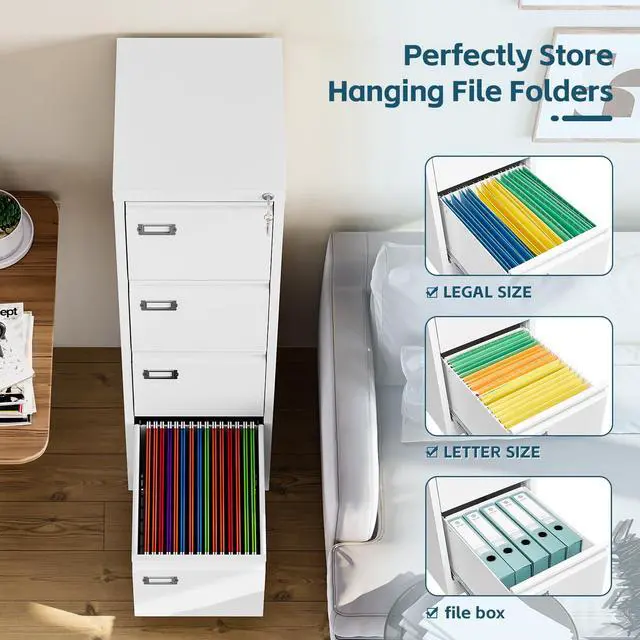 Alt view image 4 of 6 - 4 Drawer File Cabinet, White Vertical Filing Cabinets with Lock, Home Office File Folders Storage Cabinet for Letter Legal A4 File Size