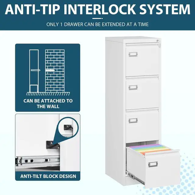 Alt view image 5 of 6 - 4 Drawer File Cabinet, White Vertical Filing Cabinets with Lock, Home Office File Folders Storage Cabinet for Letter Legal A4 File Size