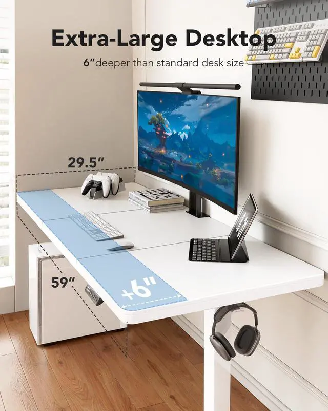 Alt view image 3 of 7 - 60 x 30 Inch Large Electric Standing Desk, Brushless Motor, White | 30 Inch Deep Desktop, 220 lb Capacity, 4 Memory Presets, Cable Tray, Dual Hooks, Height 27.946.5 Inch; Ships In 2 Packages