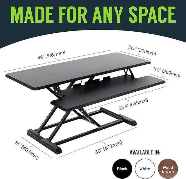 Alt view image 2 of 7 - Standing Desk Converter - 42 Inch Adjustable Sit to Stand Up Desk Workstation, MDF Wood, Ergonomic Desk Riser with Keyboard Tray, Desktop Riser for Home Office Computer Laptop, Black 42"