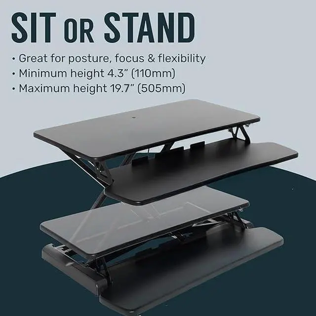Alt view image 4 of 7 - Standing Desk Converter - 42 Inch Adjustable Sit to Stand Up Desk Workstation, MDF Wood, Ergonomic Desk Riser with Keyboard Tray, Desktop Riser for Home Office Computer Laptop, Black 42"