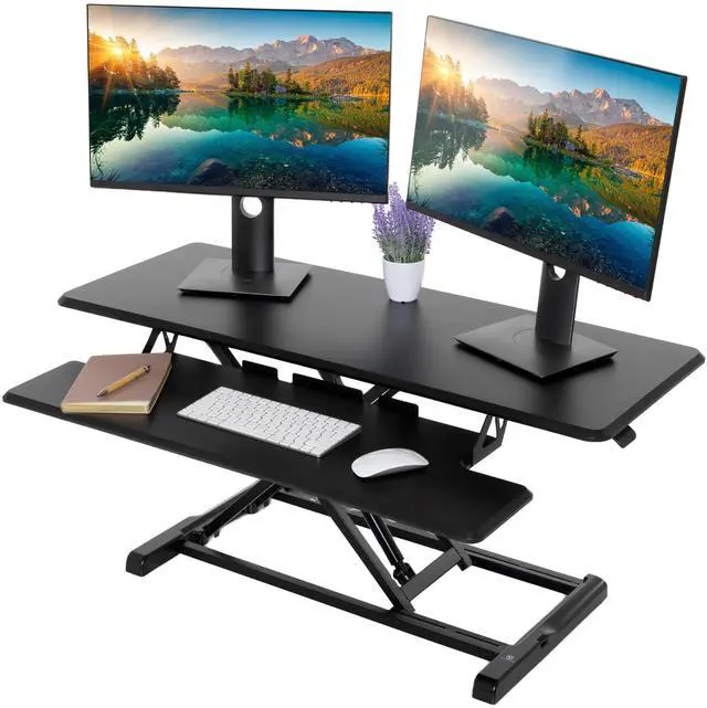 Main image of Standing Desk Converter - 42 Inch Adjustable Sit to Stand Up Desk Workstation, MDF Wood, Ergonomic Desk Riser with Keyboard Tray, Desktop Riser for Home Office Computer Laptop, Black 42"