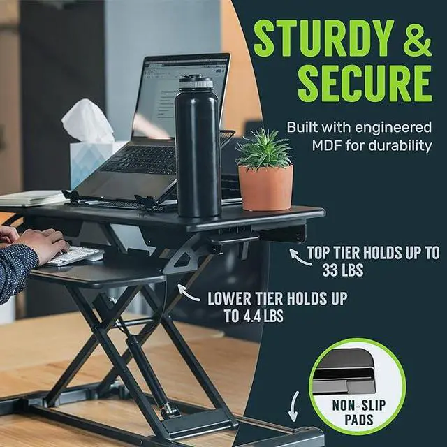 Alt view image 5 of 7 - Standing Desk Converter - 42 Inch Adjustable Sit to Stand Up Desk Workstation, MDF Wood, Ergonomic Desk Riser with Keyboard Tray, Desktop Riser for Home Office Computer Laptop, Black 42"