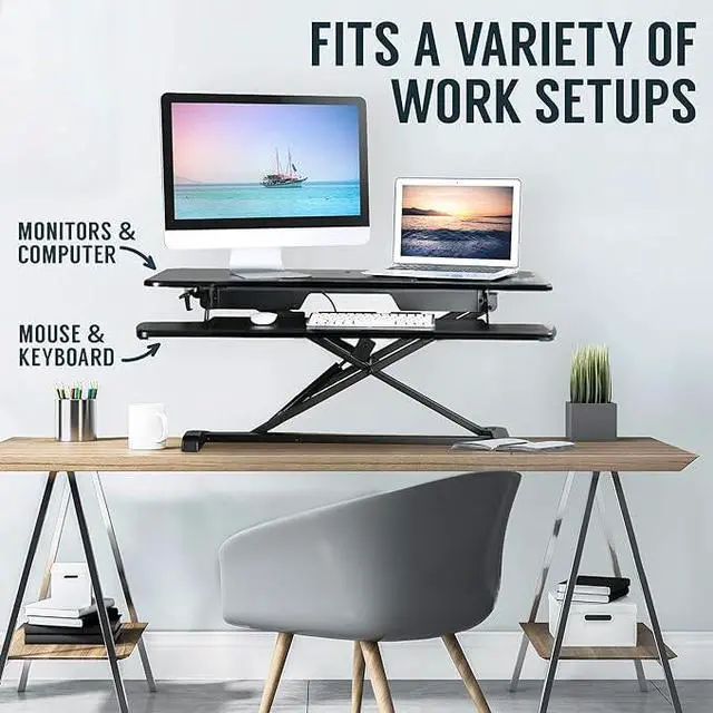 Alt view image 6 of 7 - Standing Desk Converter - 42 Inch Adjustable Sit to Stand Up Desk Workstation, MDF Wood, Ergonomic Desk Riser with Keyboard Tray, Desktop Riser for Home Office Computer Laptop, Black 42"