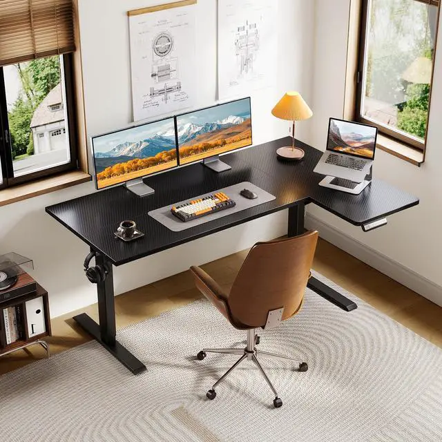 Alt view image 2 of 7 - 55" Reversible L Shaped Electric Standing Desk, Carbon Fiber Black | Corner Height Adjustable Computer Table, Stand Up Desk with 3 Memory Presets, Reinforced Frame for Home Office, Workstation