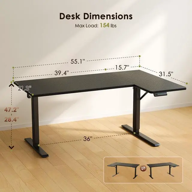 Alt view image 3 of 7 - 55" Reversible L Shaped Electric Standing Desk, Carbon Fiber Black | Corner Height Adjustable Computer Table, Stand Up Desk with 3 Memory Presets, Reinforced Frame for Home Office, Workstation