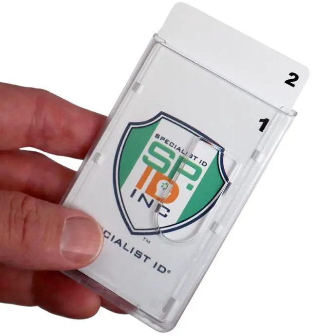 Main image of 5 Pack - Heavy Duty Dual Sided Badge Holders - Holds 2 Cards - Polycarbonate Vertical - Durable Rigid Clear Hard Plastic Badges - Secure Top Load Sleeve Card Protector Case by