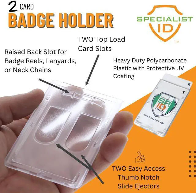 Alt view image 2 of 7 - 5 Pack - Heavy Duty Dual Sided Badge Holders - Holds 2 Cards - Polycarbonate Vertical - Durable Rigid Clear Hard Plastic Badges - Secure Top Load Sleeve Card Protector Case by