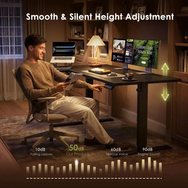Alt view image 6 of 7 - 63" Reversible L Shaped Electric Standing Desk, Carbon Fiber Black | Corner Height Adjustable Computer Table, Stand Up Desk with 3 Memory Presets, Reinforced Frame for Home Office, Workstation