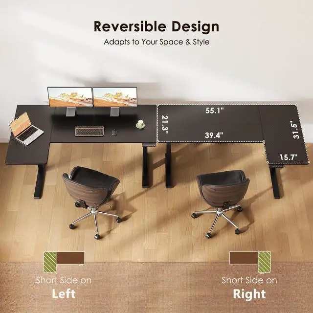 Alt view image 7 of 7 - 55" Reversible L Shaped Electric Standing Desk, Carbon Fiber Black | Corner Height Adjustable Computer Table, Stand Up Desk with 3 Memory Presets, Reinforced Frame for Home Office, Workstation