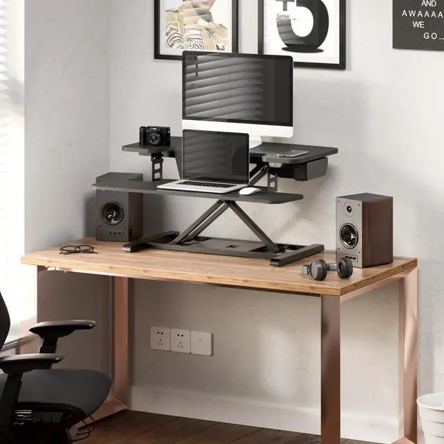 Alt view image 2 of 7 - 32" Motorized Standing Desk Converter, Electric Stand up Desk Riser, Sit to Stand Dual Monitor and Laptop Workstation with Wide Keyboard Tray, Black