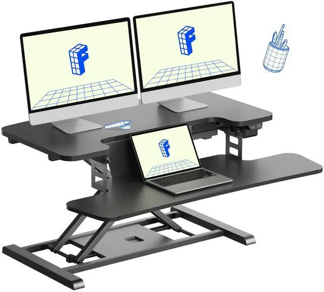 Main image of 32" Motorized Standing Desk Converter, Electric Stand up Desk Riser, Sit to Stand Dual Monitor and Laptop Workstation with Wide Keyboard Tray, Black