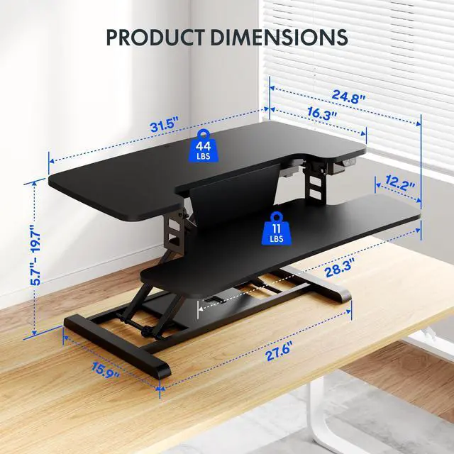 Alt view image 3 of 7 - 32" Motorized Standing Desk Converter, Electric Stand up Desk Riser, Sit to Stand Dual Monitor and Laptop Workstation with Wide Keyboard Tray, Black
