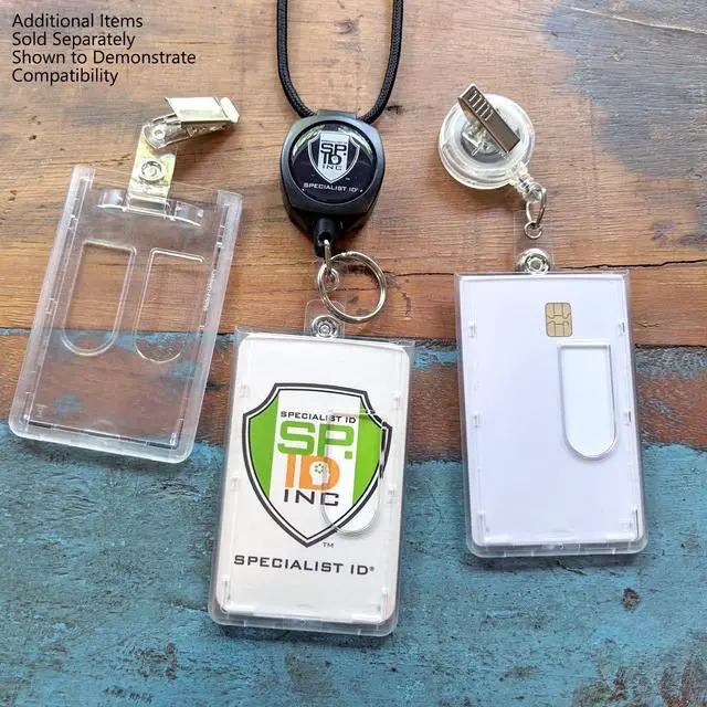 Alt view image 6 of 7 - 5 Pack - Heavy Duty Dual Sided Badge Holders - Holds 2 Cards - Polycarbonate Vertical - Durable Rigid Clear Hard Plastic Badges - Secure Top Load Sleeve Card Protector Case by