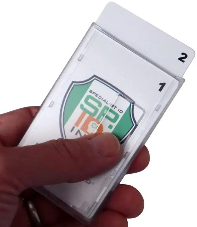Alt view image 7 of 7 - 5 Pack - Heavy Duty Dual Sided Badge Holders - Holds 2 Cards - Polycarbonate Vertical - Durable Rigid Clear Hard Plastic Badges - Secure Top Load Sleeve Card Protector Case by