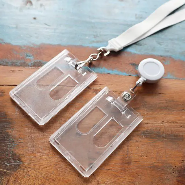 Alt view image 5 of 7 - 5 Pack - Heavy Duty Dual Sided Badge Holders - Holds 2 Cards - Polycarbonate Vertical - Durable Rigid Clear Hard Plastic Badges - Secure Top Load Sleeve Card Protector Case by