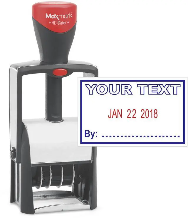Main image of Heavy Duty Date Stamp with Your Custom Text, Self Inking Stamp - 1" x 1-5/8 - 2-Color Blue/Red Ink