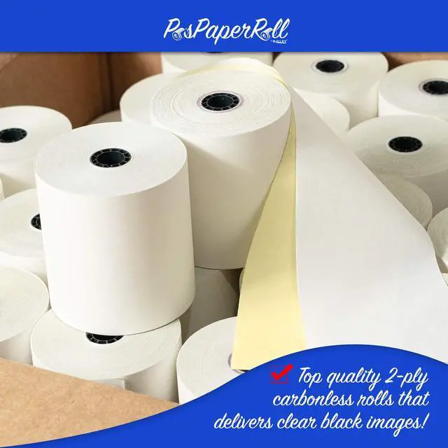 Alt view image 2 of 5 - 50 Rolls 3" x 95' 2-Ply Carbonless White/Canary Cash Register Paper for M119 Hypercom T77F (Impact Printer) NCR 7445-1000 Samsung SRP-100 Visit the Store