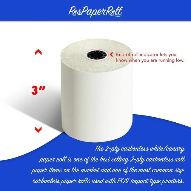 Alt view image 3 of 5 - 50 Rolls 3" x 95' 2-Ply Carbonless White/Canary Cash Register Paper for M119 Hypercom T77F (Impact Printer) NCR 7445-1000 Samsung SRP-100 Visit the Store