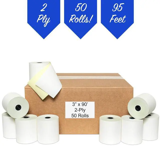 Alt view image 5 of 5 - 50 Rolls 3" x 95' 2-Ply Carbonless White/Canary Cash Register Paper for M119 Hypercom T77F (Impact Printer) NCR 7445-1000 Samsung SRP-100 Visit the Store