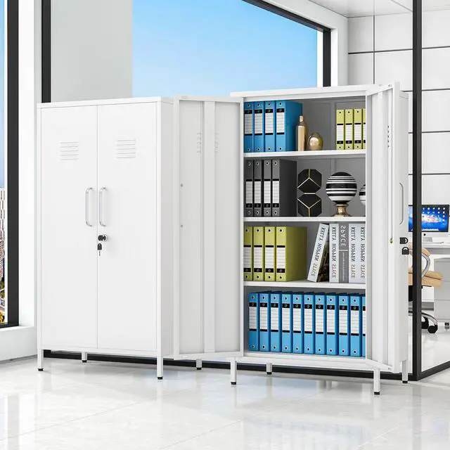 Alt view image 2 of 7 - 47.24" White Lockable Small Metal Storage Locker | Employees Locker with 2 Doors & 2 Adjustable Shelves, Steel File Cabinet for Employees, Home, School, Office & Gym