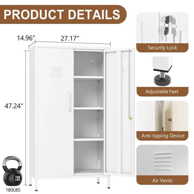 Alt view image 3 of 7 - 47.24" White Lockable Small Metal Storage Locker | Employees Locker with 2 Doors & 2 Adjustable Shelves, Steel File Cabinet for Employees, Home, School, Office & Gym
