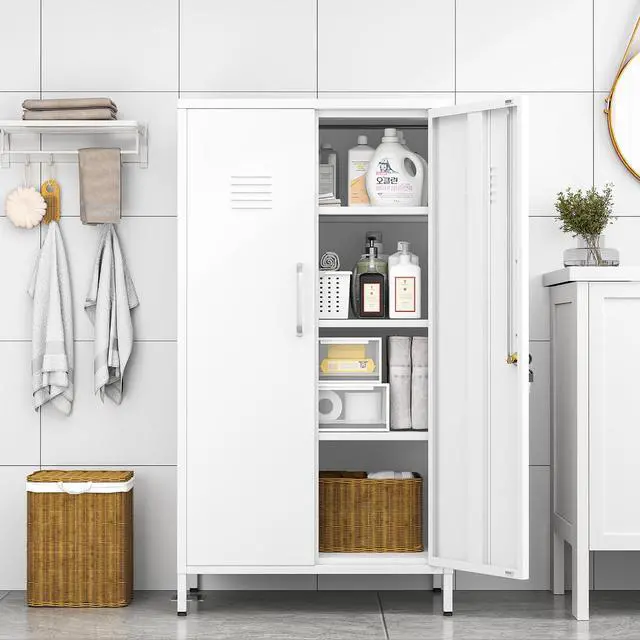 Alt view image 7 of 7 - 47.24" White Lockable Small Metal Storage Locker | Employees Locker with 2 Doors & 2 Adjustable Shelves, Steel File Cabinet for Employees, Home, School, Office & Gym