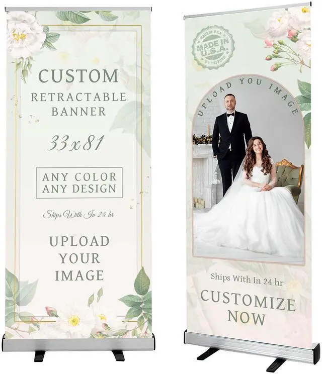 Main image of Custom Retractable Banner with Stand for Trade Shows Made in USA | Ship Next Day Personalized 33x81 inch waterproof canvas display, pre-assembled in a heavy-duty aluminum base