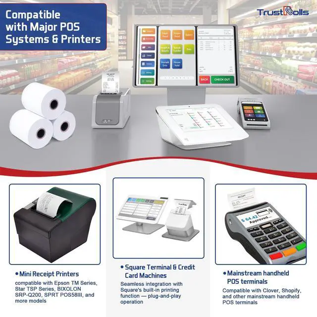 Alt view image 6 of 6 - (150 Rolls) Premium 2 1/4 x 50 Thermal Paper Rolls - BPA Free Credit Card Receipt Paper, Suitable for POS & ATM Systems