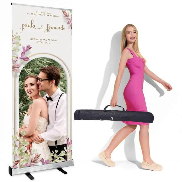 Alt view image 4 of 7 - Custom Retractable Banner with Stand for Trade Shows Made in USA | Ship Next Day Personalized 33x81 inch waterproof canvas display, pre-assembled in a heavy-duty aluminum base