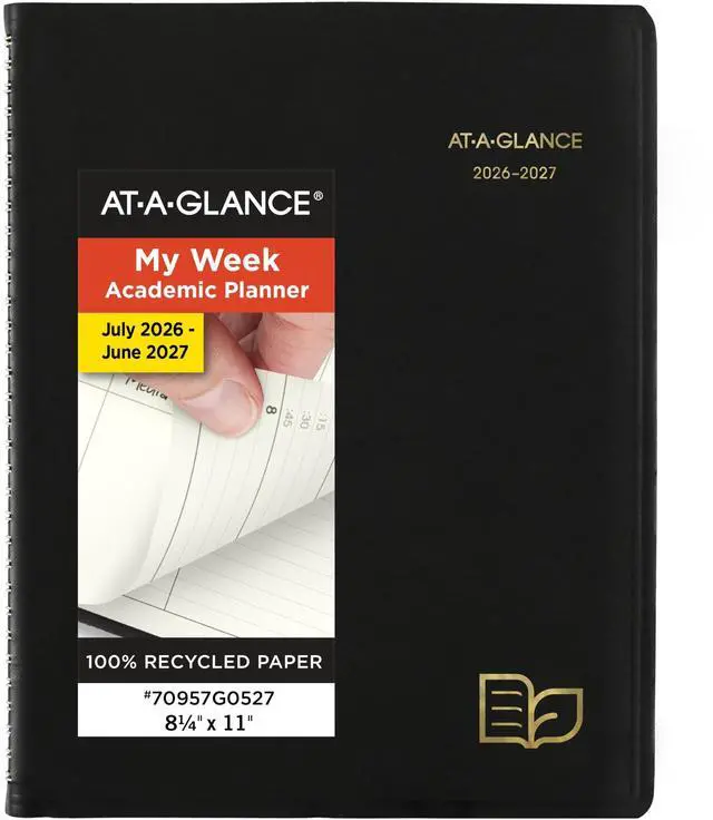 Main image of Planner 2026-2027 Weekly & Monthly Academic 12-Month July-June Quarter-Hourly Appointment Book, 8-1/4" x 11", Recycled, Black (70957G05)
